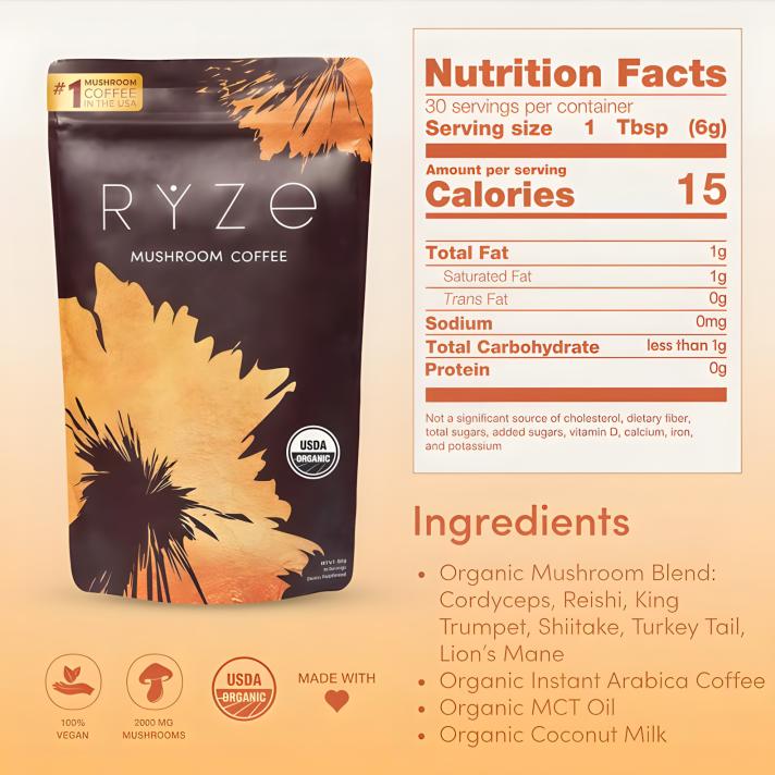 3 Packs of RYZE Mushroom Coffee 30Servings with 6 Adaptogenic Mushrooms MCTOil & 2000mg Superfoods USDA Organic UsAGrown Instant Coffee Healthcare Vitamin