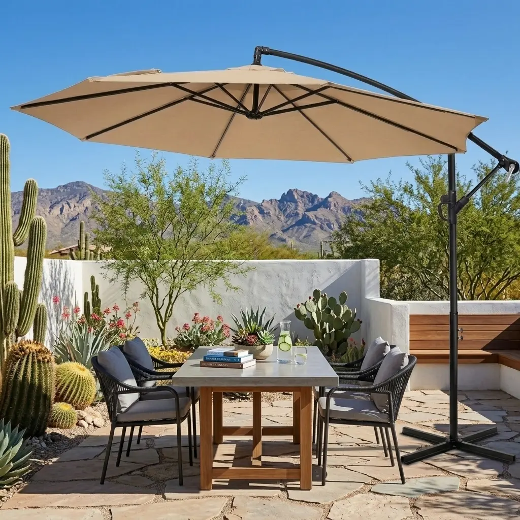 Walsunny 9 ft Patio Umbrella with Base Include, Patio Parasol Stands& Bases Offset Hanging Patio Offset Umbrella w/Easy Tilt Adjustment, Cantilever Hanging Shade for Poolside with Crank Handle for Pool Garden Backyard,Khaki