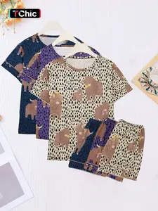 6-Piece Women's Sheep Print Pajama Set, Short Sleeve and Shorts for Spring and Summer, Casual Fitted Homewear for All Seasons, Loungewear, Nightwear