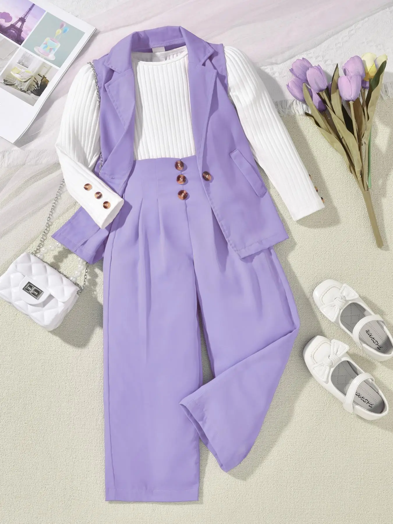 Three-piece Set Toddler Girl's Solid Button Pocket Lapel Sleeveless Vest Blazer & Ribbed Long Sleeve Top & Elastic Waist Pants, Business Style Fake Bu