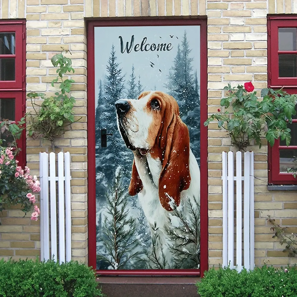 2pcs   Winter Welcome Basset Hound Wall Sticker Christmas New Year Decorative Door Sticker Creative Home Decal for Living Room Bedroom Window Glass Waterproof Self Adhesive Removable  Collage Self-Ad