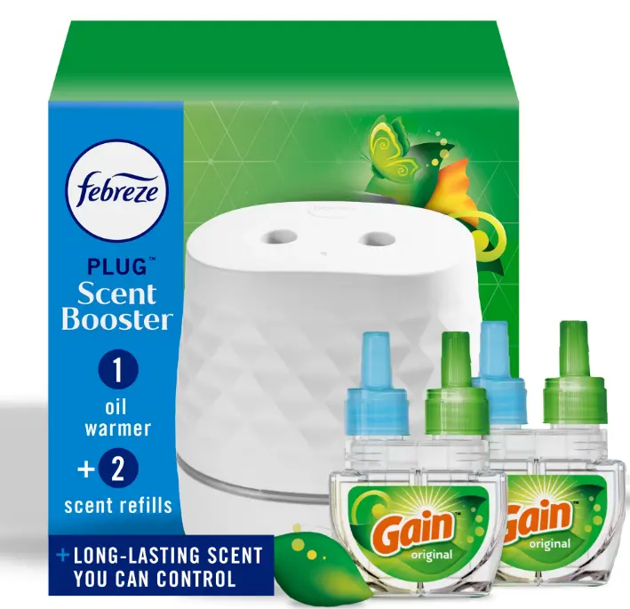 Febreze Plug Scent Booster, Air Freshener, Scented Oil Diffuser, Gain, Starter Kit + 2 Refill