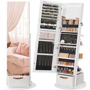 360° Swivel Mirrored Jewelry Cabinet with Lights, Full-Length Mirror with Jewelry Storage, Standing Jewelry Armoire Organizer, with Large Storage Basket, Makeup Shelf, Storage vertical large capacity storage integrated mirror