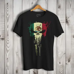 Mexican Flag Skull El Castigador Short Sleeve T-Shirt- Playera De Mexico Casual Crewneck