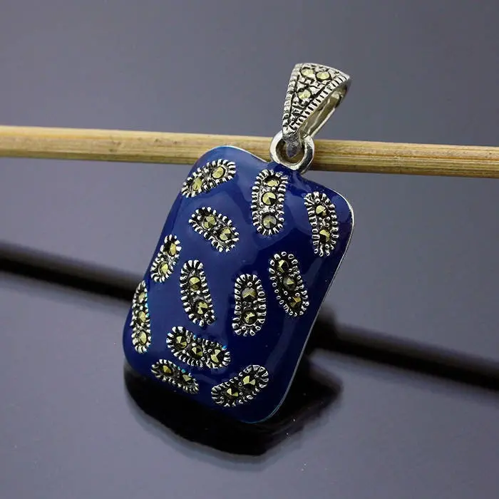 Vintage Marcasite Enamel 925 Sterling Silver Pendant Necklace Jewelry