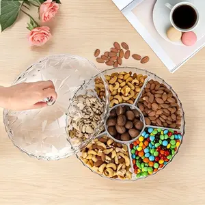 Snack Serving Tray, 12" Appetizer Tray with Lid, 6 Compartments Round Plastic Food Storage Organizer for Dried Fruits, Nuts, Candies, Cookies and Fruits (Clear)