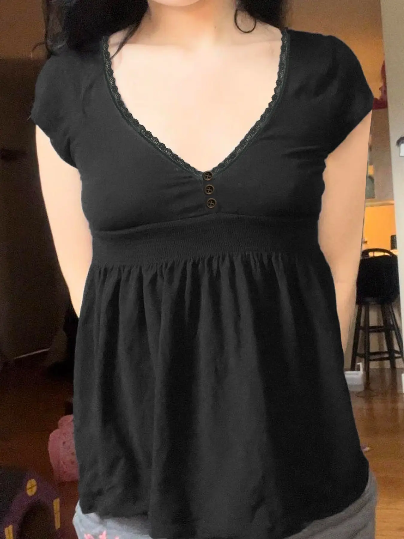 Lace V-Neck A-Line Doll Top, Button Decorated Pleated Hem, Loose Short Sleeve T-Shirt, Elegant Women's Summer Versatile Blouse, Button Up Top