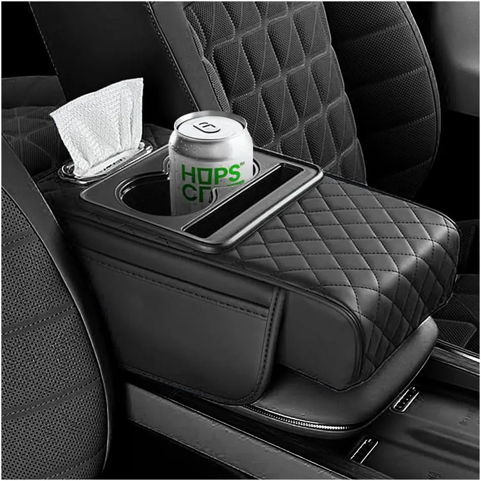 Car Armrest Cushion - Nappa Leather Car Center Console Pad with 2 Storage Bags, Multi-Use Slots, 2 Cup Holders, Tissue Box, Storage + Hold Organizer, Sedan Fit Vehicle Interior Stowing Accessory, Interior Tidy