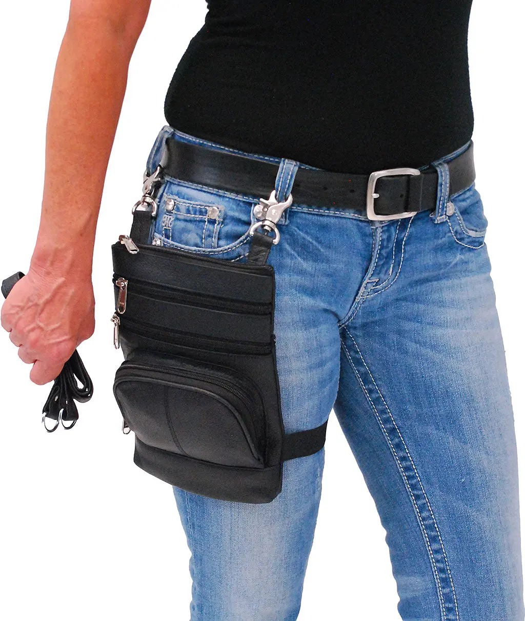 Jamin Leather® Black Cowhide Leather Side Purse Thigh Bag & Hip Clip Pouch TB830K with Durable Shoulder Strap and Zipper Fanny Pack Features