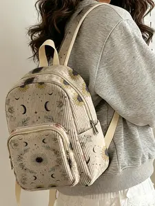 floral sun and moon pattern 2D printed ladies' backpack, Casual printed backpack, Backpack for School, velvet texture + layered storage + light weight reduction, perfect for students to go to class/shopping/short trips
