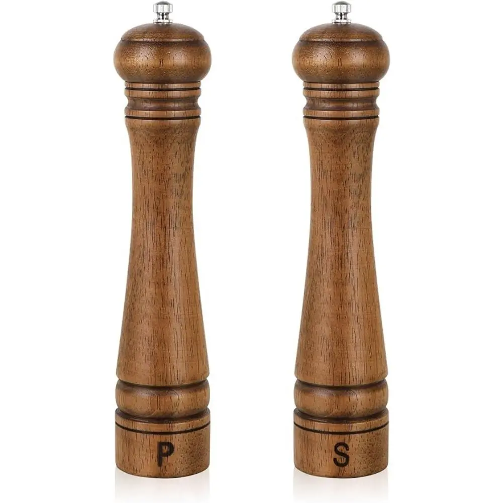 Pack of 2 Wood Pepper Grinder Set, 10 Inch Salt Mill And Pepper Grinder Set, Pepper Mill, Salt Shakers with Adjustable Ceramic Rotor - Oak Wood Pepper Grinder And Salt Mill for Your Kitchen