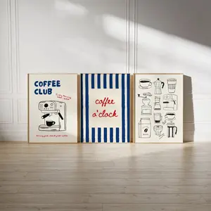 Coffee Wall Art Set of 3, Coffee Club & Coffee O’Clock Prints, Minimalist Kitchen Decor, Red Navy Coffee Poster Set