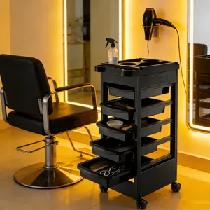 Salon Trolley Cart with Drawers - Black Rolling Storage Cart for Hairdressers with Multiple Compartments and Wheels