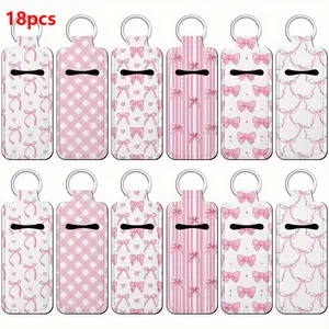 18pcs Pink Bow Print Keychain, Neoprene Lip Balm Holder with Elastic Pouch for Travel Accessories And Car Keys Decoration, Unisex Backpack Charm, Backpack Accessory, Keychain Decoration, Cute Keychain, Stylish Keychain, Trendy Accessory