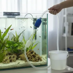 Portable Aquarium Gravel Cleaner Adjustable Suction Fish Waste Vacuum Pump 2-in-1 Siphon Kit with Extension Tubes Anti-Clog Design Water Changer Filter for Fish Tank