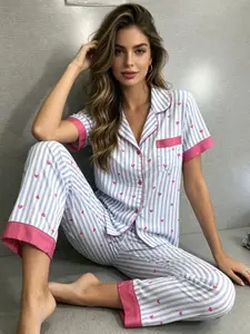 Women's Striped Heart Patchwork Cardigan & Sleepwear Loungewear Set, Summer Casual Flip Collar Short Sleeve Top & Shorts, Comfortable Elegant Design, Pajama Set