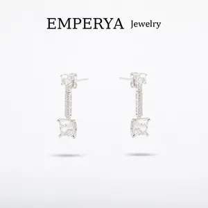 EMPERYA 14K White Gold Plated Sparkling Drop Earrings | Large Radiant Princess-Cut Crystal Dangle Earrings | Luxury Micro-Pave Jewelry Gift for Women, Wife