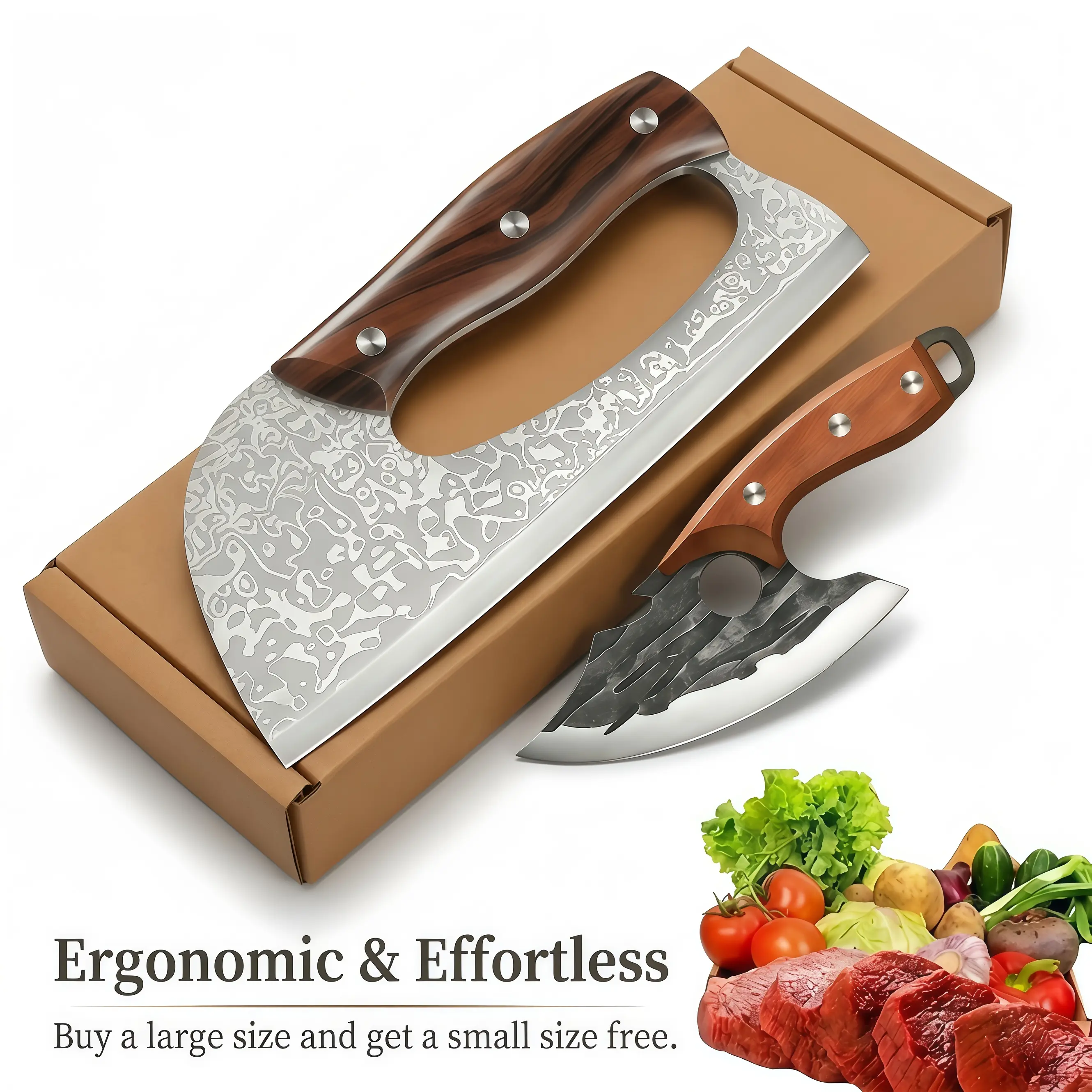 2-Piece Effort-Saving High-Carbon Steel Knives Set - Sharp Viking Blade, Ergonomic Non-Slip Handle, Leather Sheath for Home Kitchen/Camping BBQ, Ideal Housewarming Gift for Cooking Lovers Meat