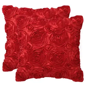 PiccoCasa Pack of 2, 3D Satin Rose Flower Throw Pillow Cover Shells, Arts Decorative Pure Color Roses Floral Cushion Covers for Couch, 16" x 16", Red
