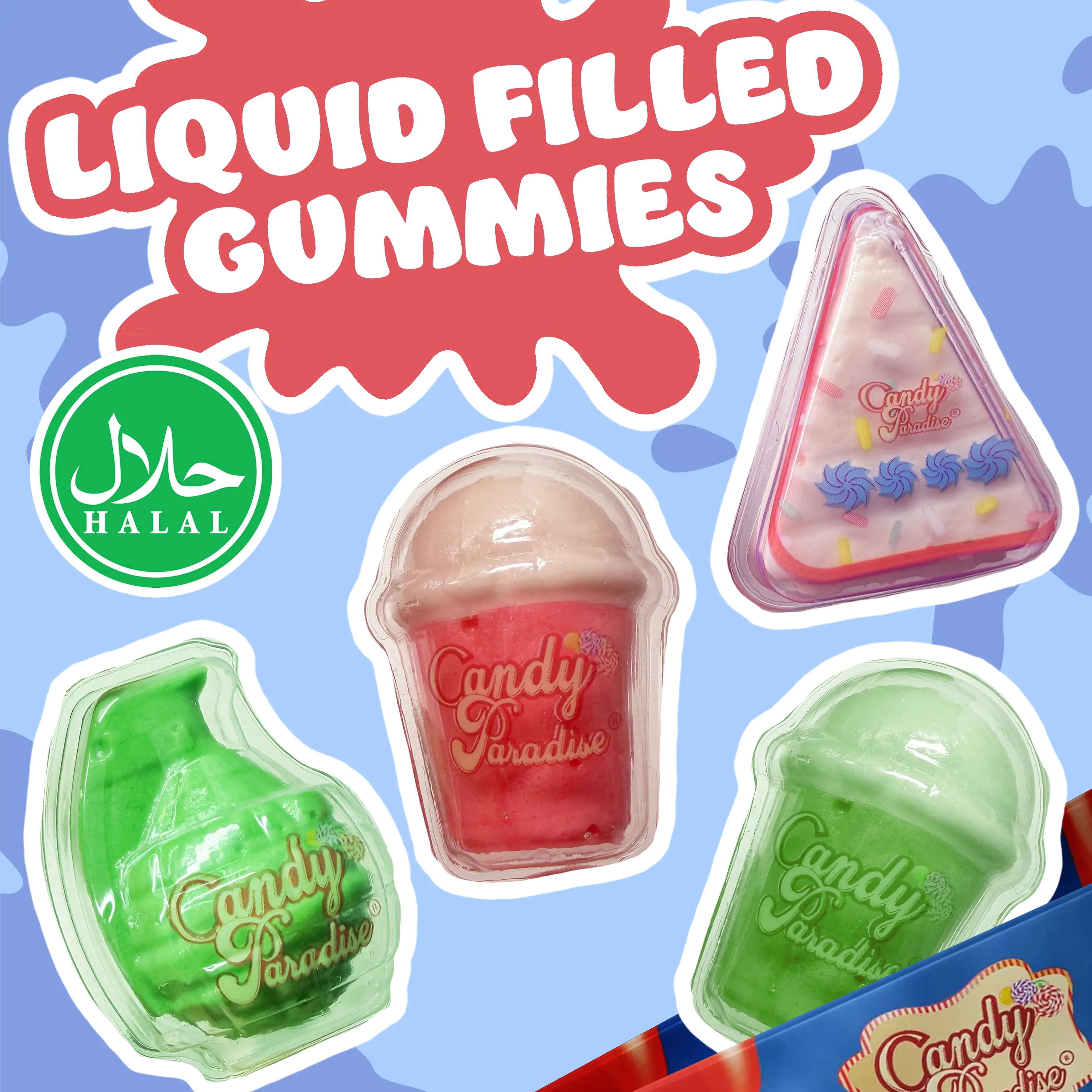 Halal Jumbo Liquid-Filled 4” Gummies – Cake Slice, Sour Burst, & Soda Cup Gummy Candy (4-Pack) Halal Jumbo Liquid-Filled 4” Gummies – Cake Slice, Sour Burst, & Soda Cup Gummy Candy (4-Pack)