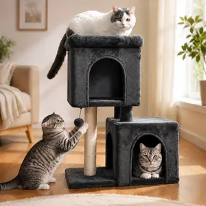 30 Inch Cat Tree for Indoor Cats, Cat Tower with 2 Cozy Condos, Large Top Perch, Sisal Scratching Post and Plush Cover, Multi-Level Cat  Mansion   Furniture for Small and Medium Cats, Gray