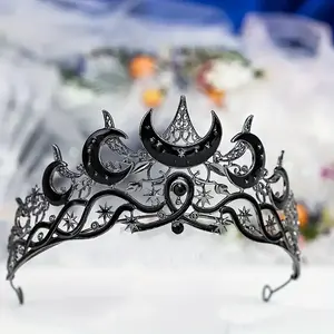 Gothic Black Crescent Moon Crown For Women Men, Dark Aesthetic Tiara Headpiece With Celestials, Witch Pagan Wiccan Halloween Cosplay Headband For Costume Party Stage Show Wedding Prom Accessories Celestial Moon & Star Tiara