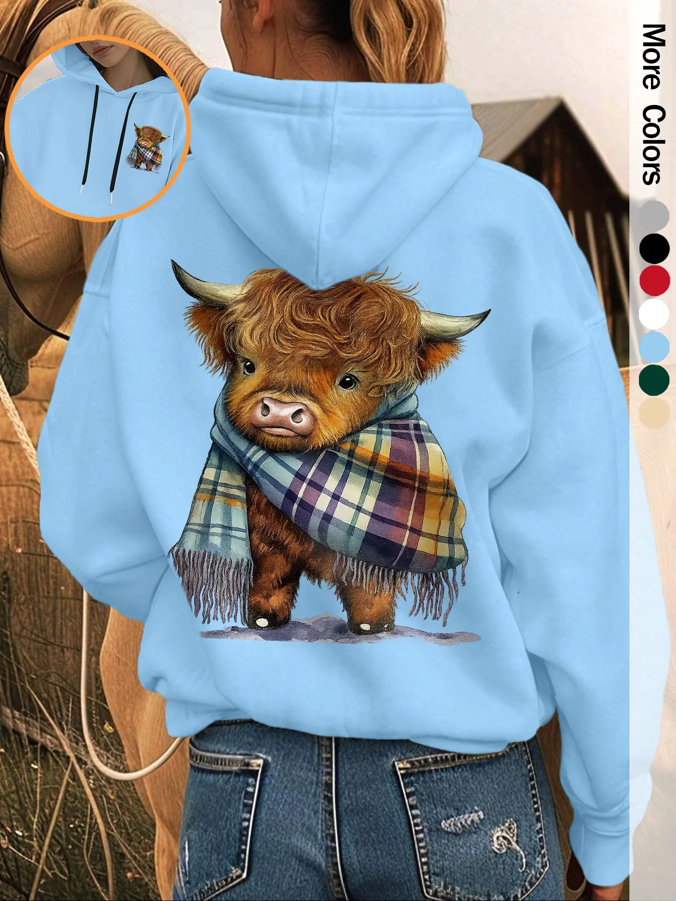 Women's Fashion Loose Fit Hoodie with Cow Print Scarf, Casual Fall & Winter Design, Letter Pattern, Perfect for Daily Wear