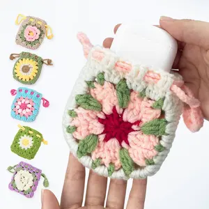 Delicate Floral Crochet Pouch for Women Handcrafted Headphone Protective Case Drawstring Coin Purse for Daily Essentials and Gifting