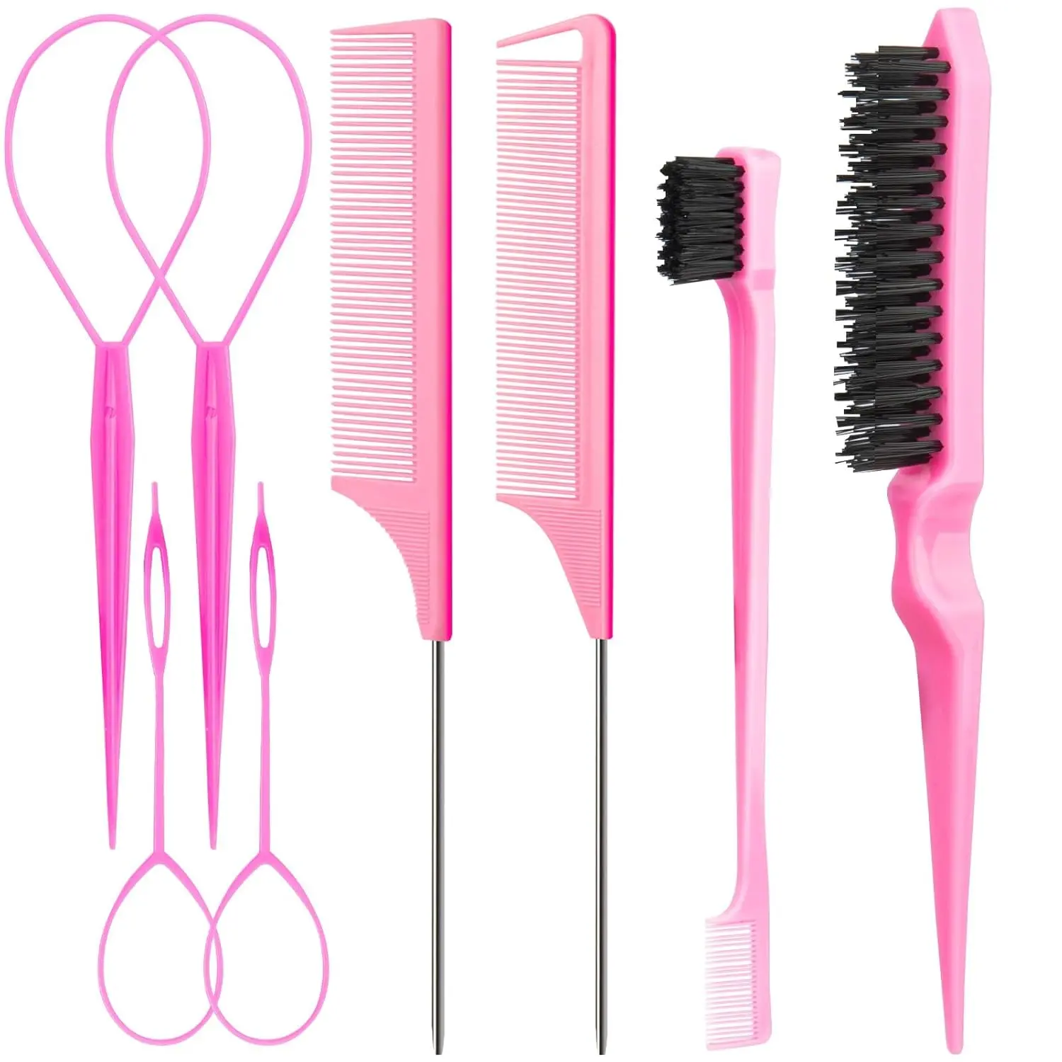 8PCS Hair Styling Comb Set Topsy Tail Hair Tools Rat Tail Combs Slick Back Hair Brush Edge Control Brush & Eyebrow Brush for Women and Girls Hair Parting Ponytail Braiding & Styling Kit (Pink)