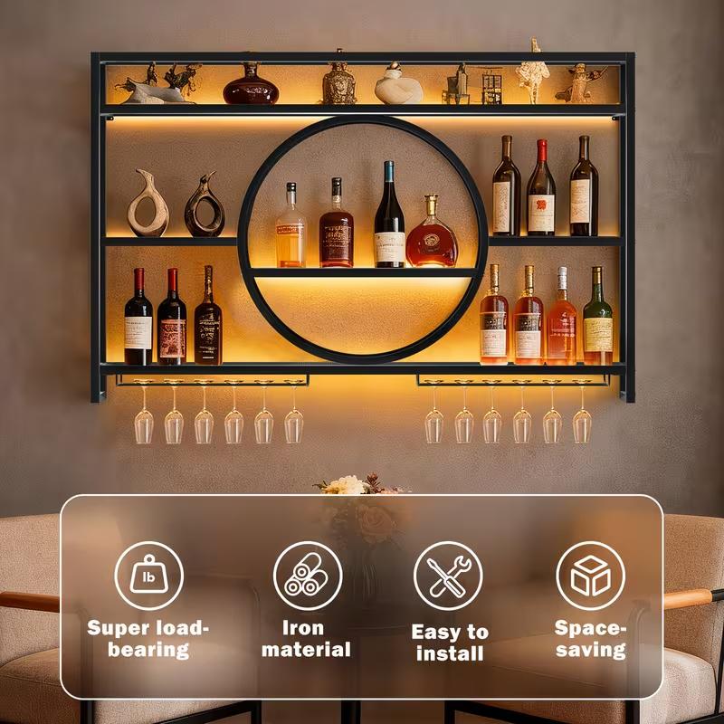 47-Inch Spacious Wall-Mounted Wine Rack Featuring a Glass Holder, 3 Tier Bottle Rack with LED Lights, Floating Display for Kitchen Living Room Bar Area Modern Wine Shelf High Quality Durable Metal Construction for Home Bartenders And Wine Enthusiasts