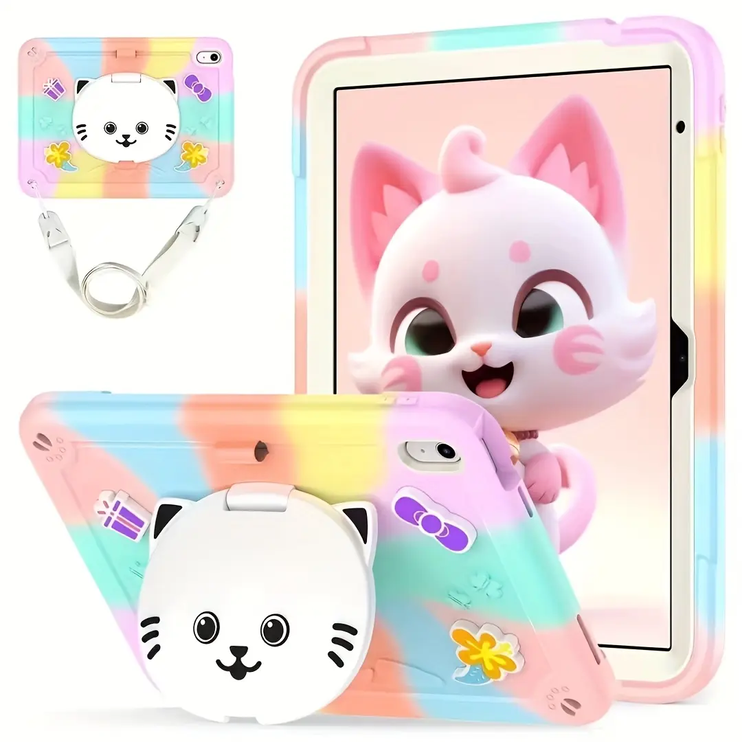 Case For IPad 10th Generation 10.9 Inch 2022 With Tempered Glass Screen Protector, Cat Stand & Pencil Holder Shoulder Strap, Shockproof Protective For IPad Case 10th (Colourful)