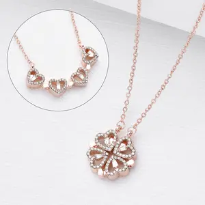 Magnetic Four Leaf Clover Heart Necklace – Foldable 4-in-1 Love Pendant Choker, Retro Clover Clavicle Chain Jewelry Gift for Women