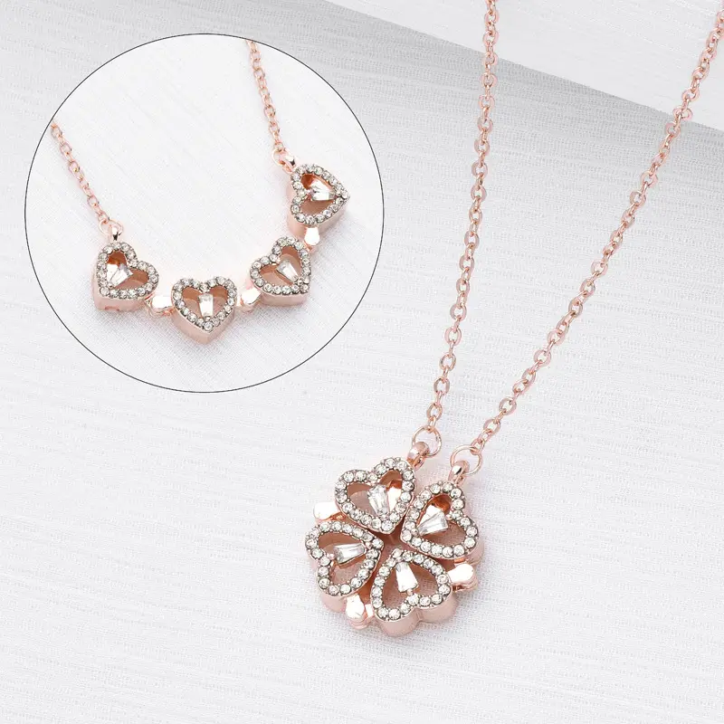 Magnetic Four Leaf Clover Heart Necklace – Foldable 4-in-1 Love Pendant Choker, Retro Clover Clavicle Chain Jewelry Gift for Women, Valentine’s Day, Birthday
