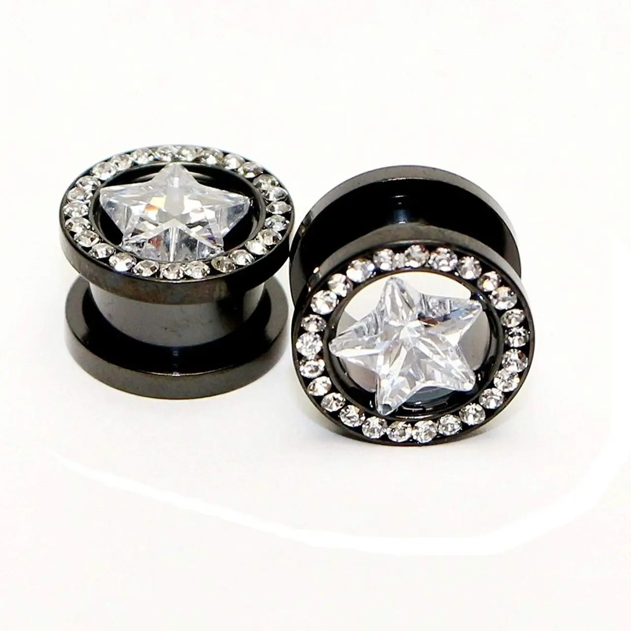 Pair of Black Ion Plated Screw-Fit Ear Plugs with Clear CZ Star Design