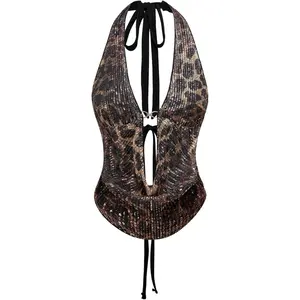 Women's Cheetah Print Sequin Top Y2K Tie Back Corset Halter Going Out Crop Tops