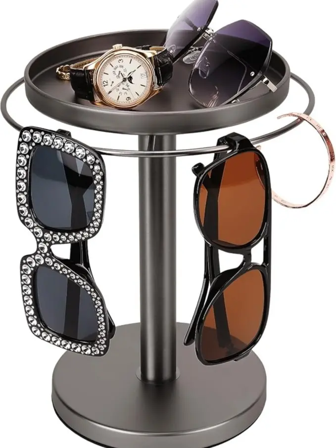 360° Rotating Stainless Steel Sunglasses Organizer Stand with Tray, Tabletop Eyeglass Holder Display Rack for Desk & Dresser, Home Organizer Gift