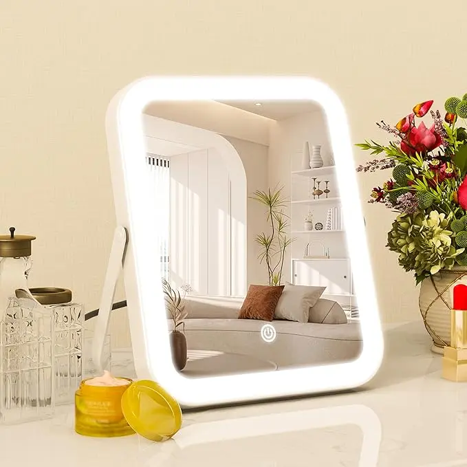 Lighted Vanity Mirror, 3-Color Dimmable LED Lighting & Touch Control, 8x10 Inch Portable Makeup Mirror with U-Bracket for Travel/Dressing Room (White) Decor