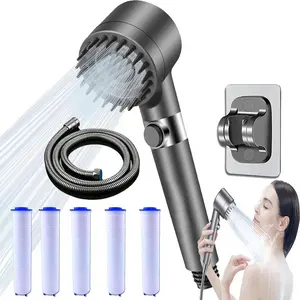 Multi-Function Handheld Pressure Shower Head High Pressure Showerhead Filter for Hard Water | 3 Spray Modes, Built-in Power Wash to Clean Tub, ON/OFF Switch for Pets | Shower Heads Combo with 59-Inch Stainless Steel Hose, 6 PP Cotton Filters, and Bracket