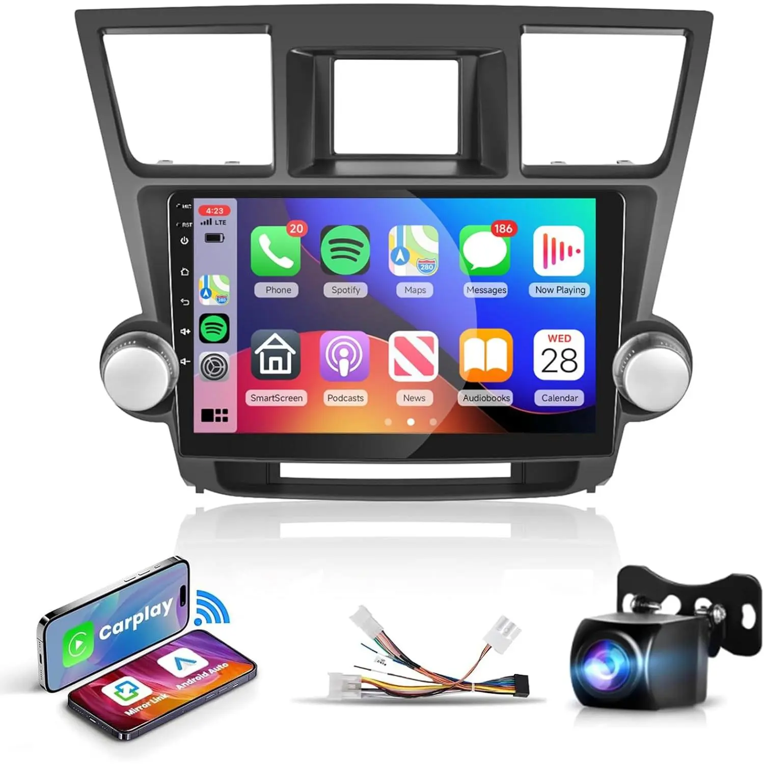RIMOODY Android Car Video Player for 2008-2014 Toyota Highlander, 10.1in HD 2.5D IPS Touch Screen, HiFi 16EQ Bluetooth, Wireless CarPlay, Android Auto, Mirrorlink, GPS Navigation, WiFi, AHD Rear Camera, Multimedia Stereo (Father's Day Gift)