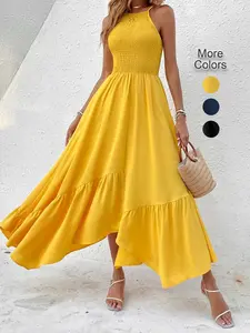 Pure Color Halter Top Front Gathered Design, Irregular Hem Waist Cinched Chic Dress, Perfect for Beach Vacation, Spring & Fall Fashion