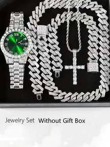 Men's Stylish Quartz Wristwatch, With Silver & Green Color Dial, Alloy Chain Business Style, Includes Necklace Bracelet, Best Gift Choice For Black Friday Deal