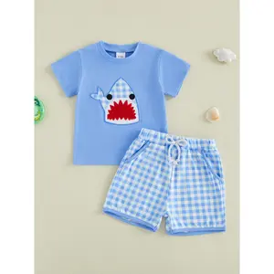Toddler Boy Summer Outfit Shark Embroidery Short Sleeve Crew Neck T Shirt Elastic Plaid Shorts 2 Piece Set