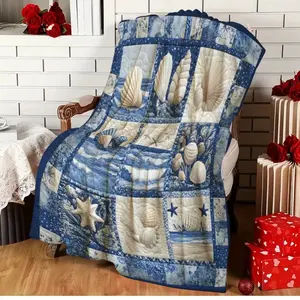1pc Vintage Nautical Seashell Quilt Blanket - Coastal Beach Theme with Starfish & Shell Designs, Blue & White Flannel All-Season Sofa Bed Throw for Home Decor, Camping, Travel - Perfect Gift, Beach Blanket