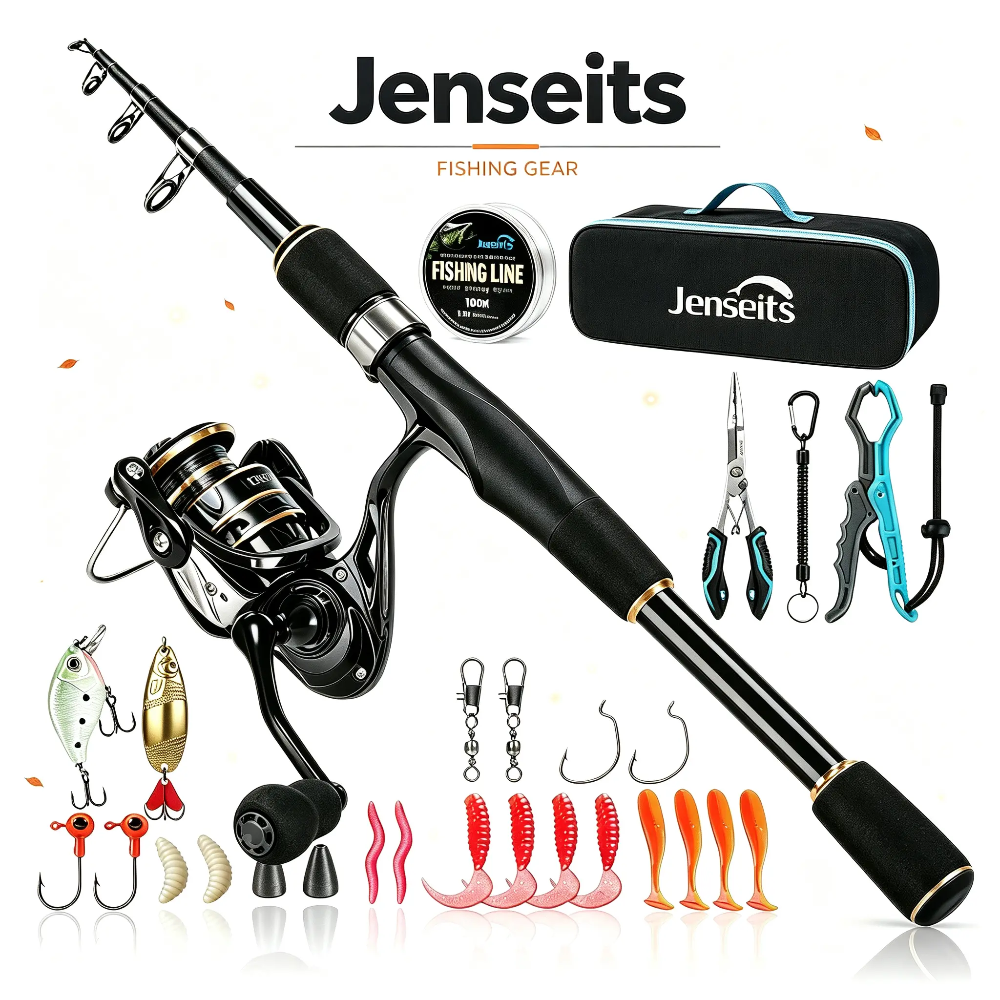 Jenseits Fishing Rod Set - 6ft/7ft/8ft Carbon Fiber Telescopic Pole, 5.2:1 Gear Ratio Smooth Fishing Reel, Beginner-Ready Compact Lightweight Portable Travel Kit with Lures, Line & Carrier Bag for Adults