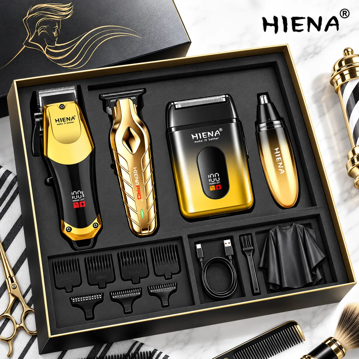Men‘s Professional Cordless Hair Clipper Set, Black & Gold 4-Piece Barber-Grade Grooming Kit with LED Display, Smooth Anti-Tangle Trimming, USB Charging, Easy Settings for Hair & Face, Home & Travel Friendly, A Premium Gift for Boyfriend