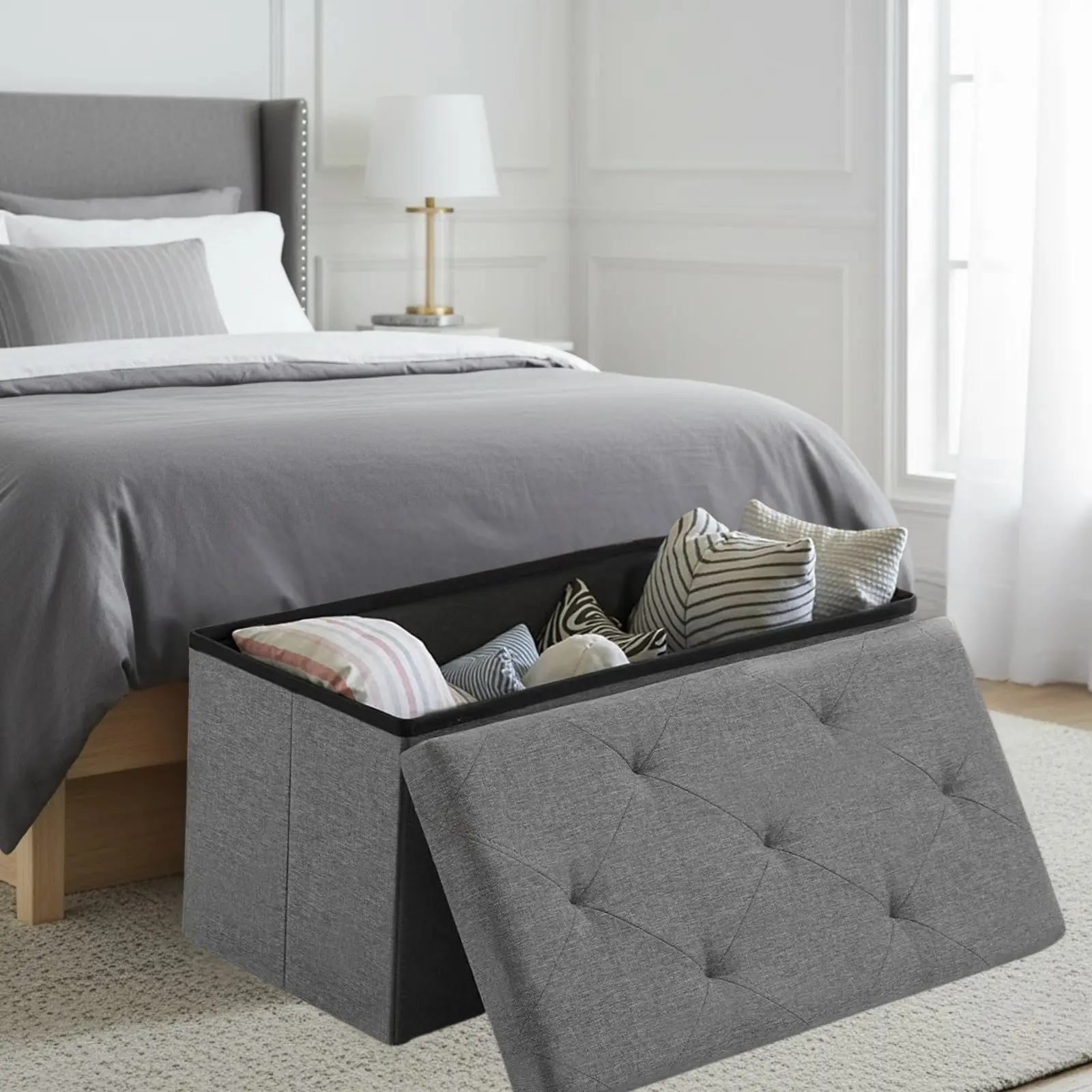 SENROB 30-Inch Upholstered Linen Fabric Folding Storage Ottoman Footstool, Grey Compact Hidden Space Organizer Bench, Supports 660lbs for Living Room, Entryway, Footstool With Storage, Upholstered Storage Ottoman