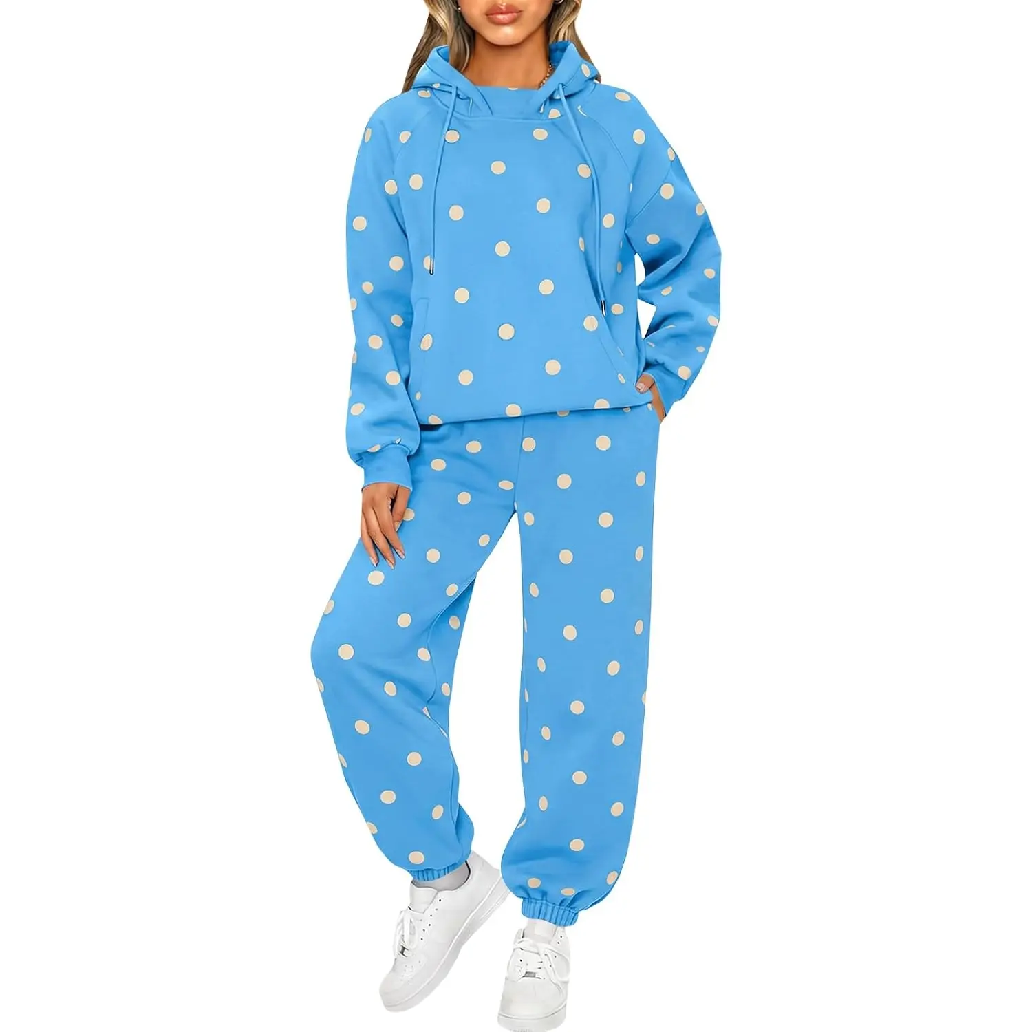 Fisoew Womens Polka Dot 2 Piece Sets Tracksuit Casual Loose Fit Loungewear Set with Raglan Sleeve Hoodie and Joggers Casual Loose Tracksuit, Raglan Sleeves, Side Pockets, Light Pink, Comfy Sets