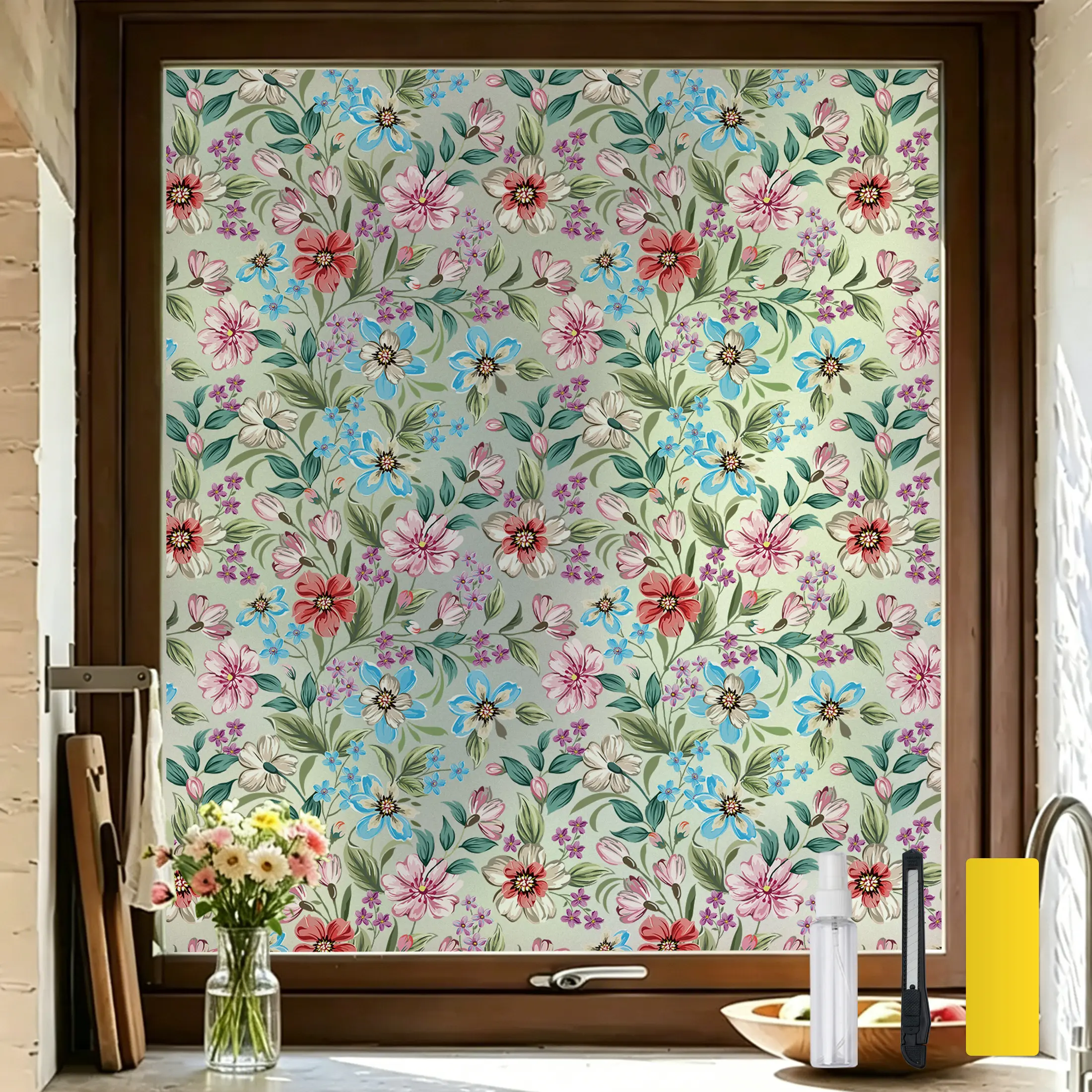 DKTIE Colorful Watercolour Flower Smooth PVC Waterproof Static Cling Window Sticker, 17.7in x 78.7in Non-Adhesive Renter-Friendly Privacy Film, UV-Blocking Sun Block for Bedroom Farmhouse Decor