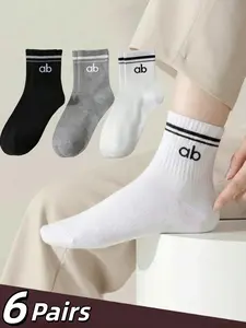 6 Pairs Unisex Solid Color Athletic Socks with Stripes and Letters, Comfortable Mid-Calf Unisex Casual Socks, Comfortable Soft, Casual Simple Style, Couple Socks, All Seasons, Perfect For Daily Wear