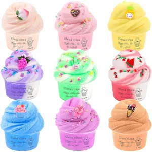 Cloud Slime Kit 9 Pack, with Peach Watermelon Pineapple Cake Slime Charms, DIY Slime Supplies for Girls and Boys, Stress Relief Toy for Kids Education, Party Favor, Gift and Birthday